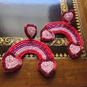 Felt Back Beaded Double Heart Rainbow Dangle Earrings OFFER FRIENDLY